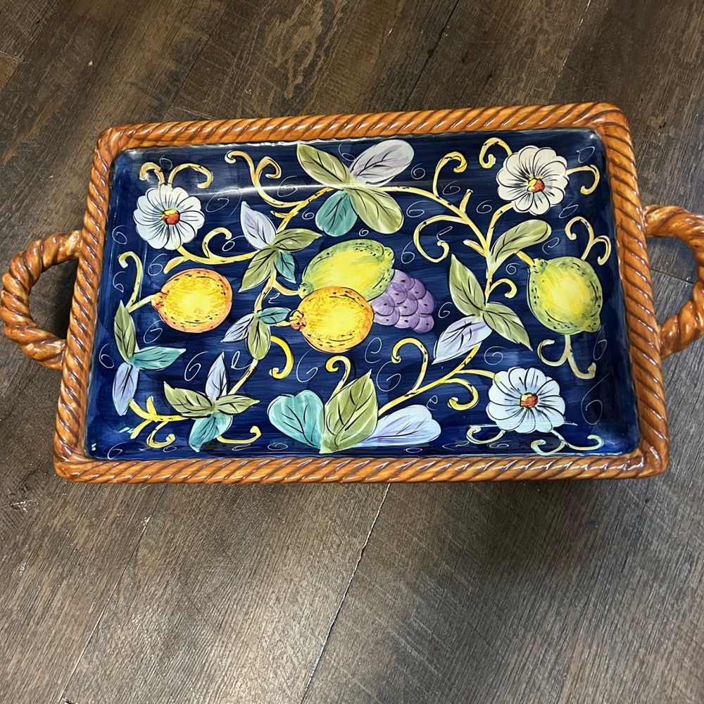 Tabletops Unlimited Villa Bellagio Ceramic Serving Tray Lemon Fruit Rope Handle